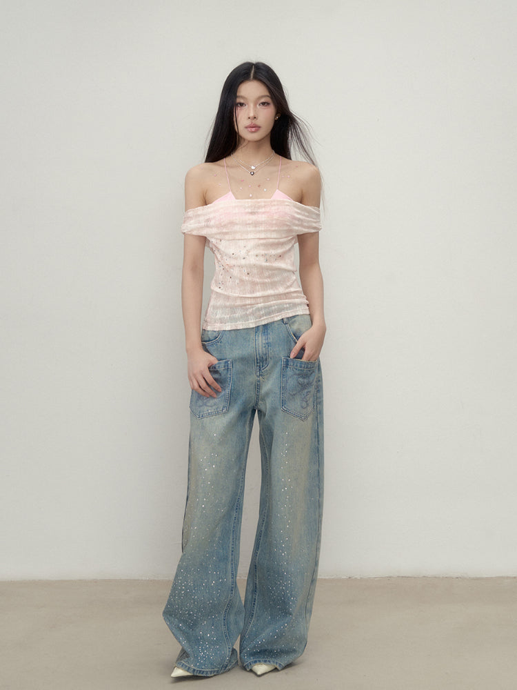 Colorful Rhinestone One-Shoulder Top T-shirt - CHINASQUAD