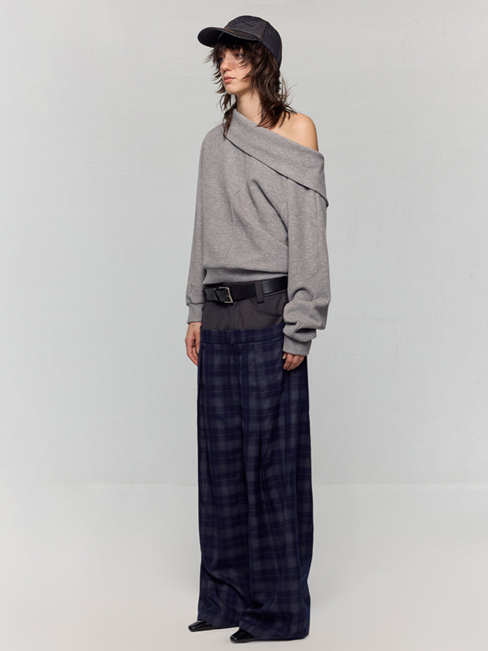Grey Asymmetric Off-Shoulder Loose Sweatshirt - CHINASQUAD