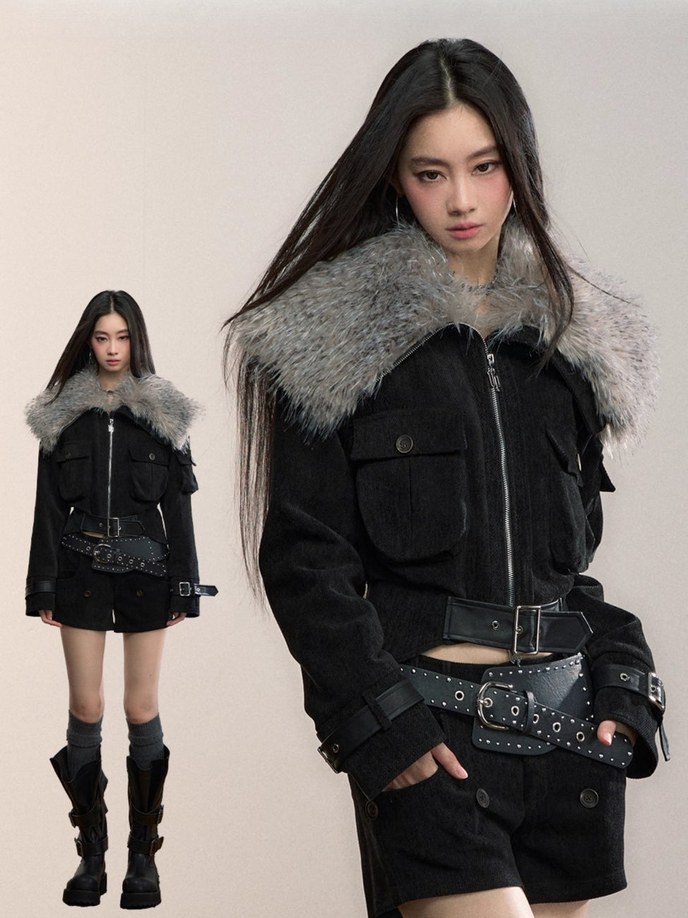 Leopard Faux Fur Collar Belted Puffer Jacket