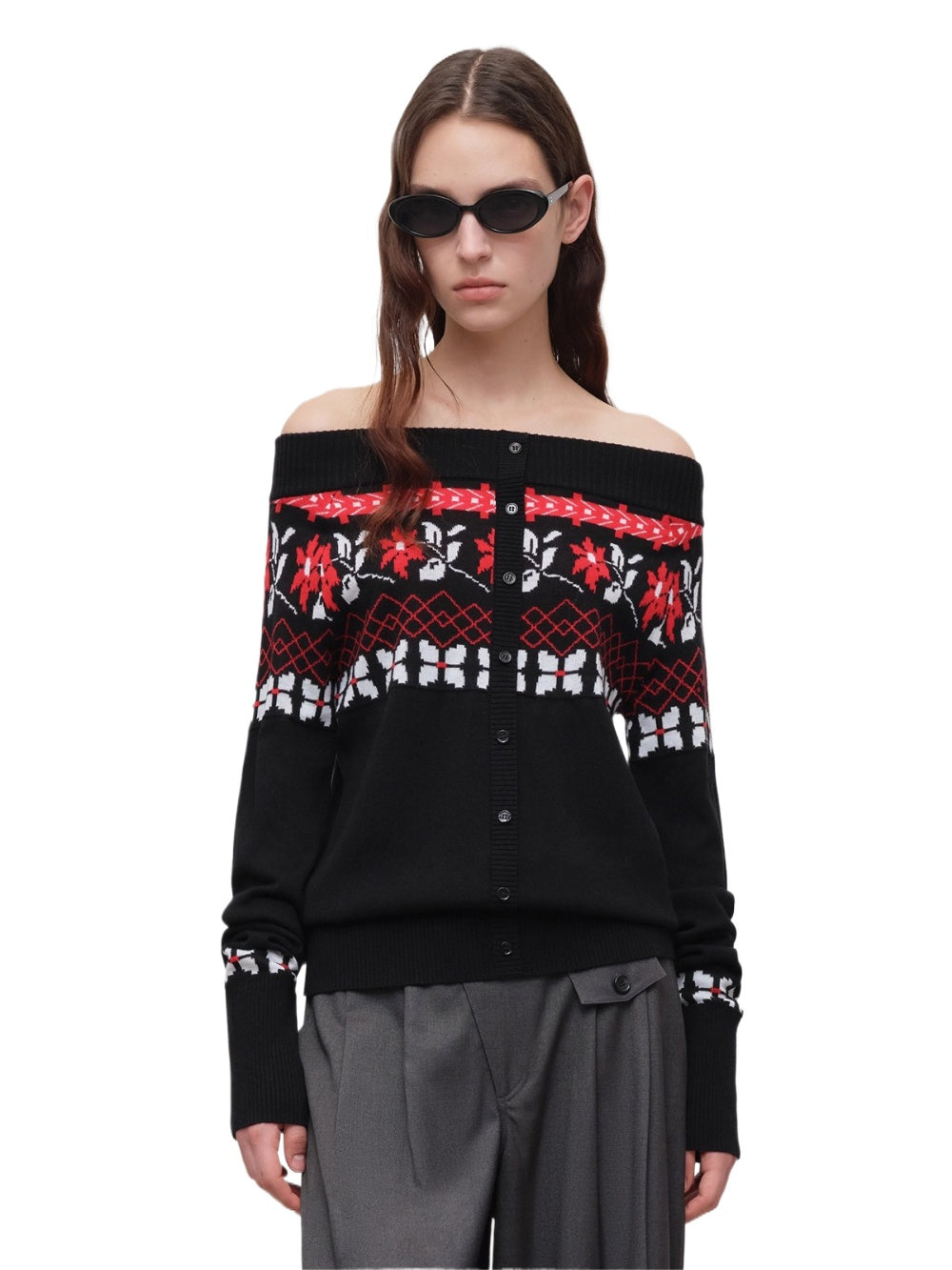 Air Isle Off-Shoulder Wool Knit Sweater - CHINASQUAD