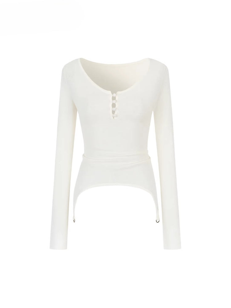 Irregular Knit Waist-Cinched Long-Sleeve Tee