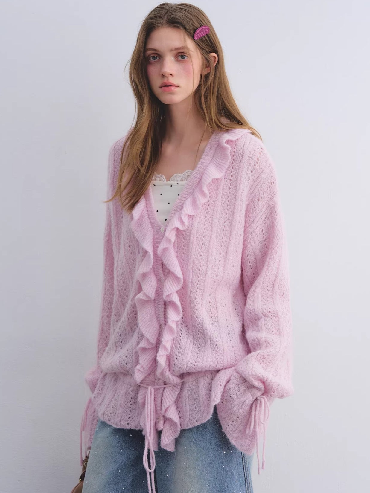 Wool Mohair Drawstring Waist Cardigan