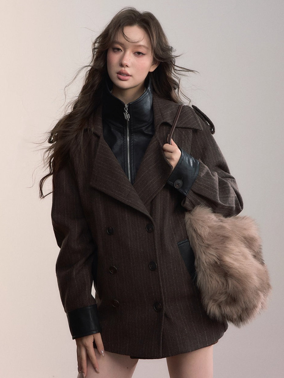 Contrast Faux-Layer Double-Breasted Wool-Blend Jacket - CHINASQUAD