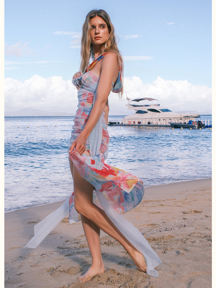 Rosa Chiffon Floral-print Halter Neck Backless Dress - CHINASQUAD