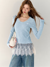 Lace-Trimmed Gray V-Neck Long Sleeve Top - CHINASQUAD