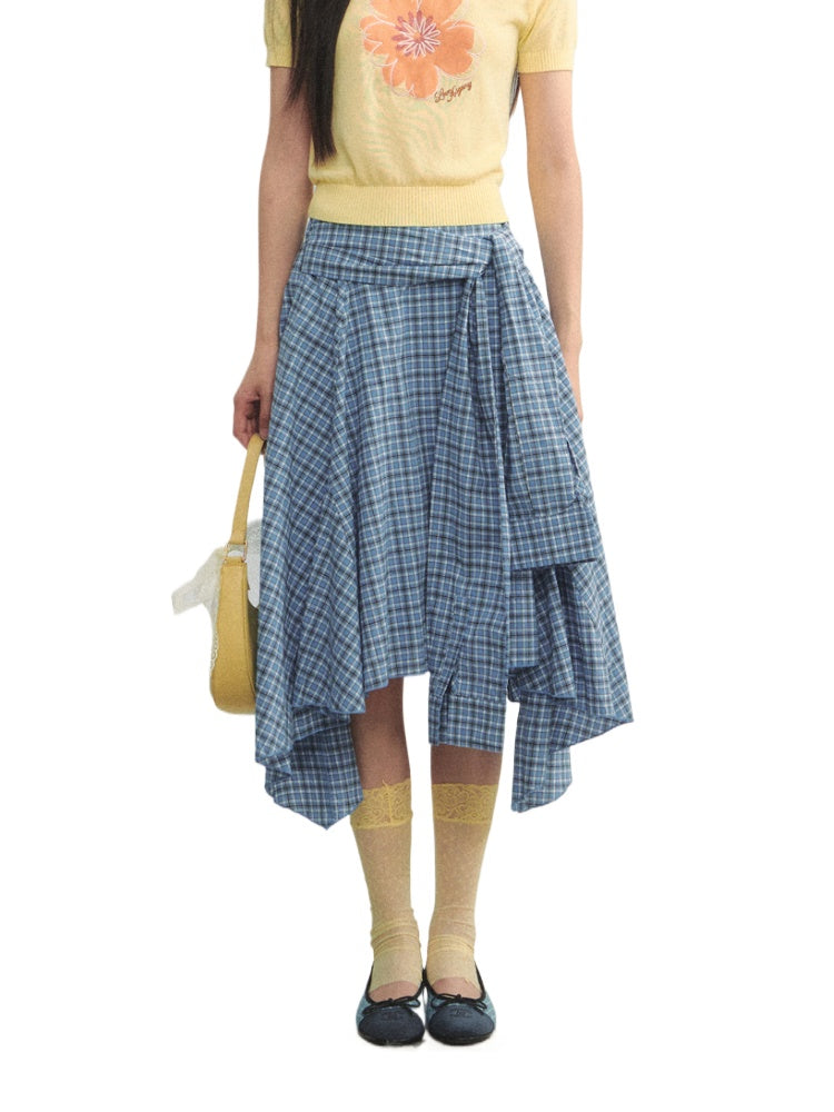 Blue Checkered Irregular Tie-Waist Skirt - CHINASQUAD