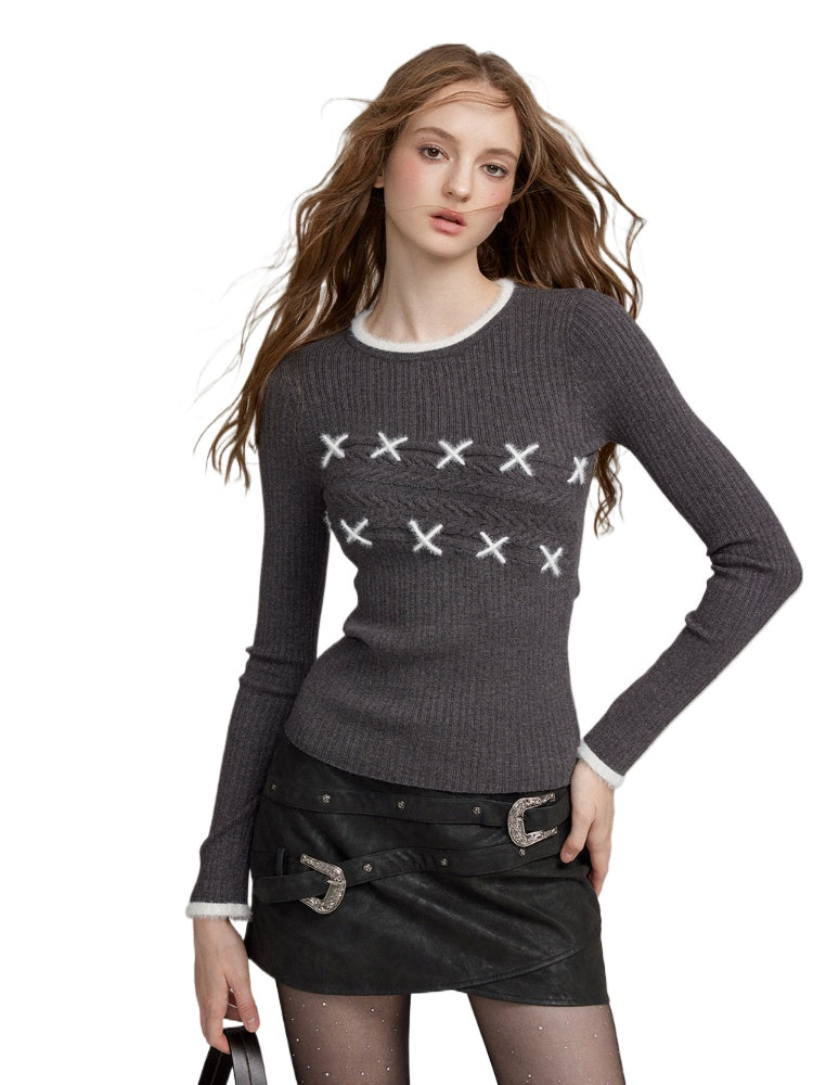 Textured Fur-Stitch Knit Sweater - CHINASQUAD