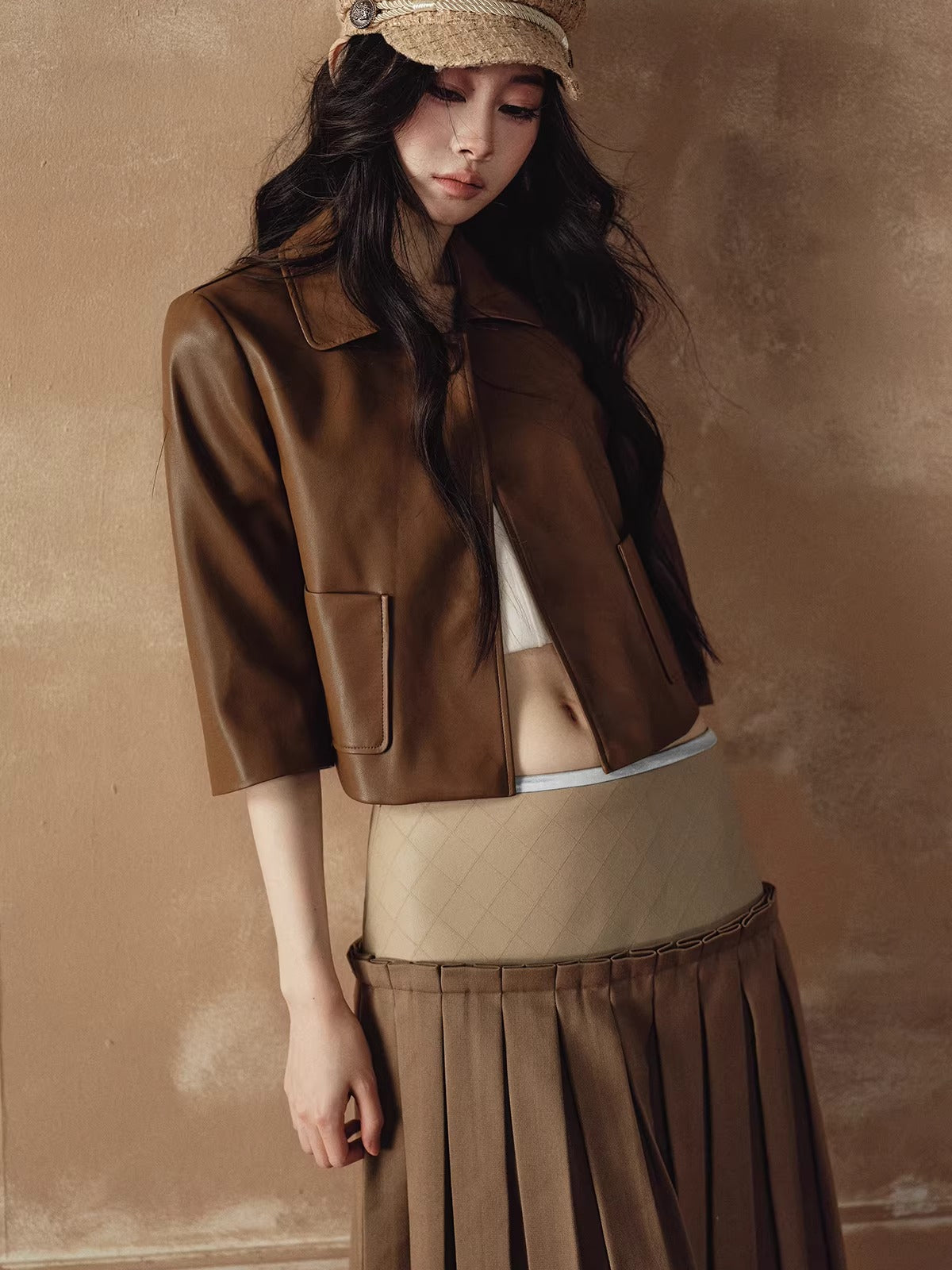 A-Line Skirt & Cropped Sleeve PU Jacket Set