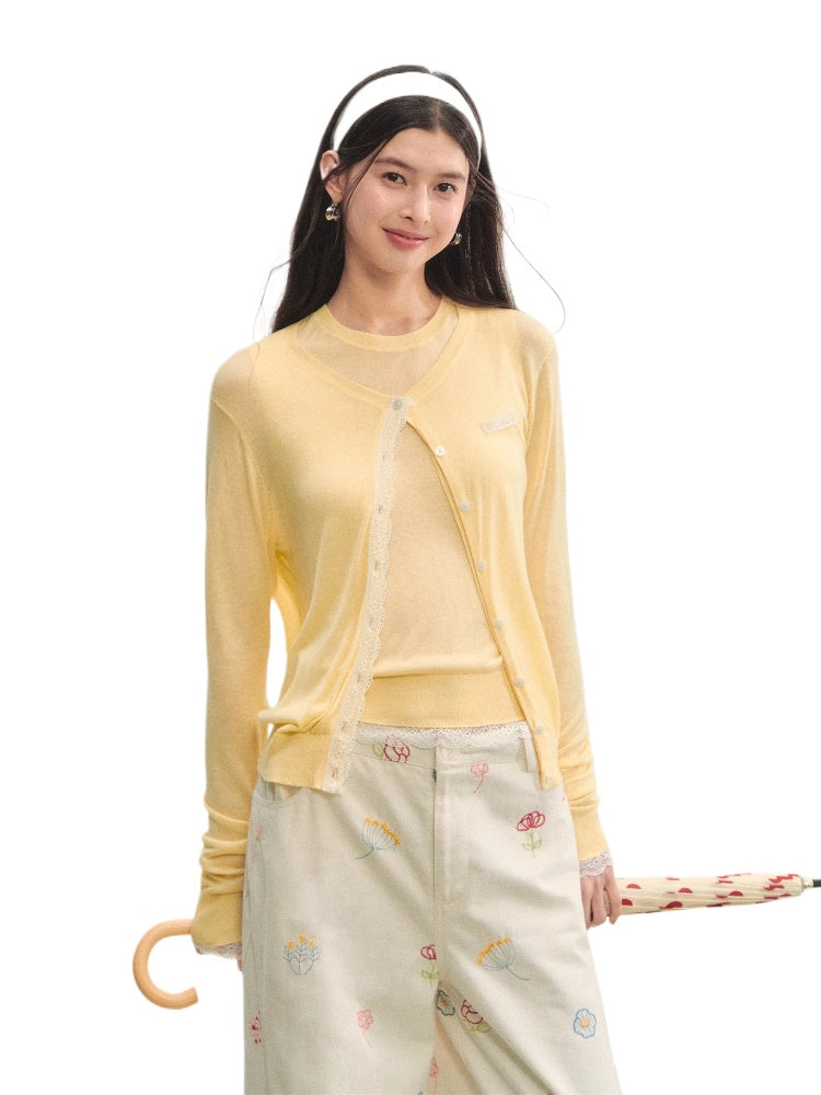 Lace Trimmed Crew Neck Knitted Cardigan Set - CHINASQUAD