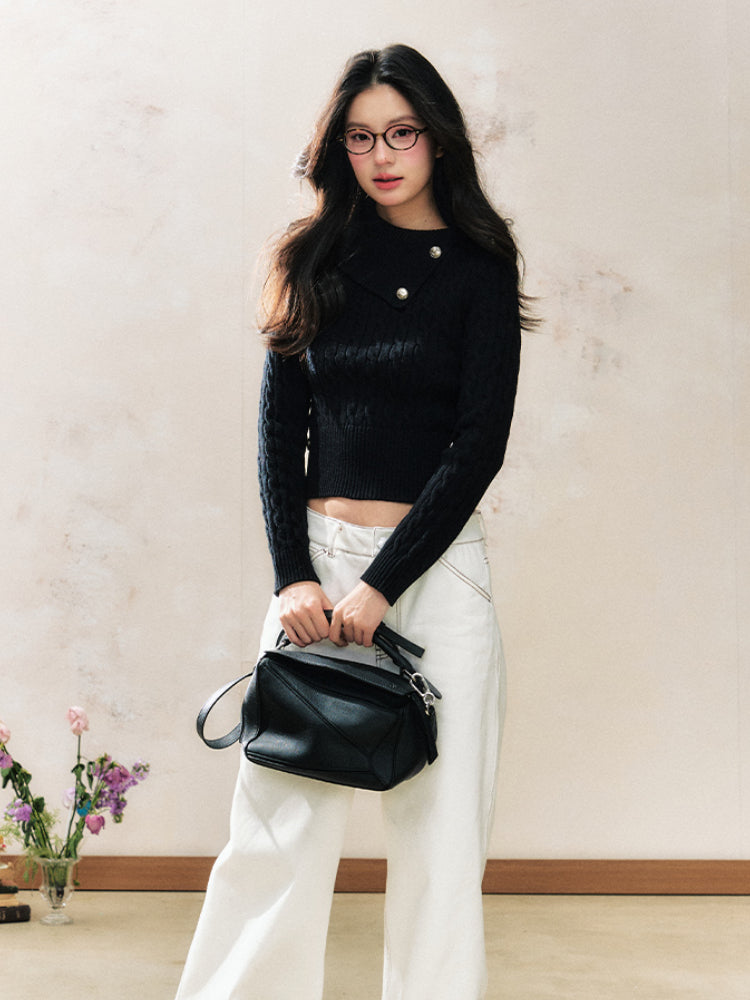 Black Button Sweater Inner Fitted Top - CHINASQUAD