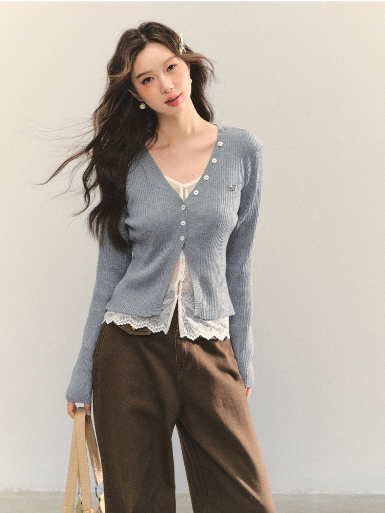 Lace Tie Fake Two-Piece Knitted Cardigan - CHINASQUAD