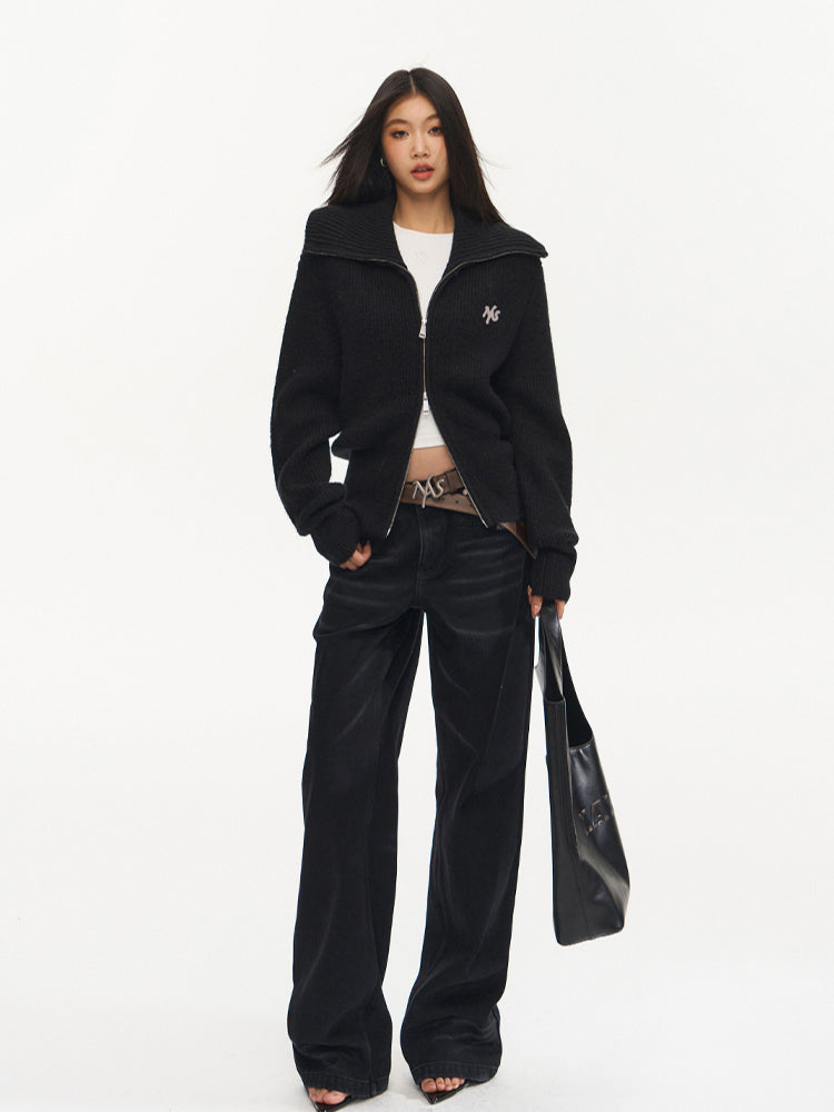 Black Loose Fit Double Zipper Knit Cardigan - CHINASQUAD