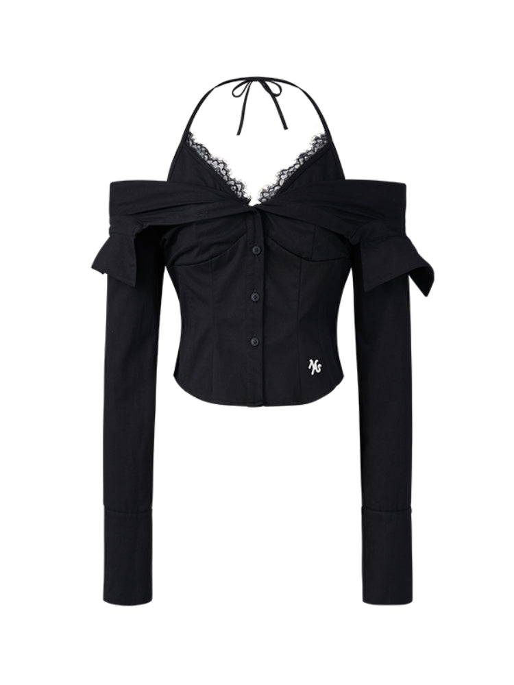 Two-in-One Off-Shoulder Slim-Fit Long-Sleeve Cotton Shirt - CHINASQUAD