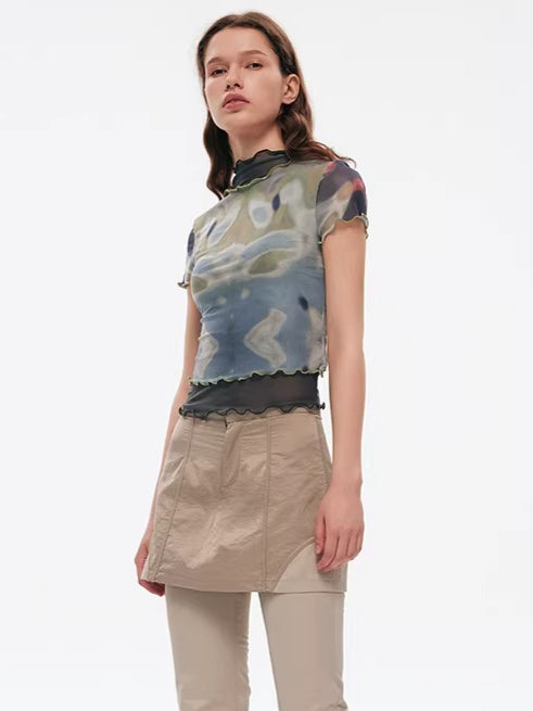 Designer Tie-Dye Sheer Mesh Fitted T-Shirt