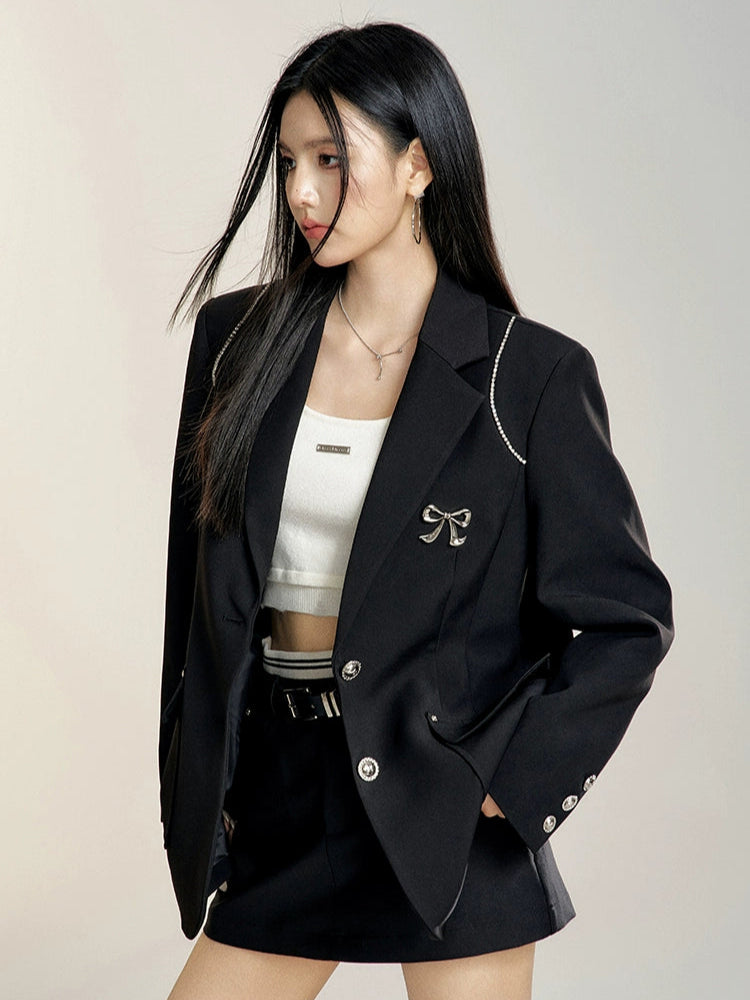 Black & Khaki Suit Collar Bow-tie Blazer - CHINASQUAD