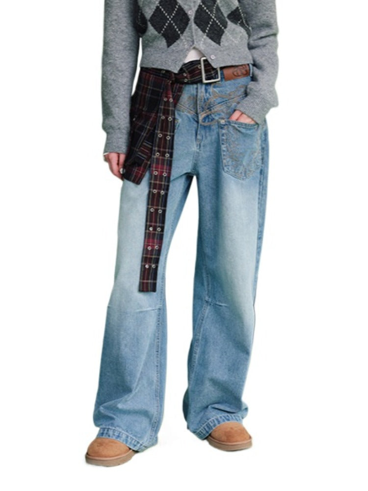 (Final Sale) Washed Denim Wide-Leg Pants - CHINASQUAD