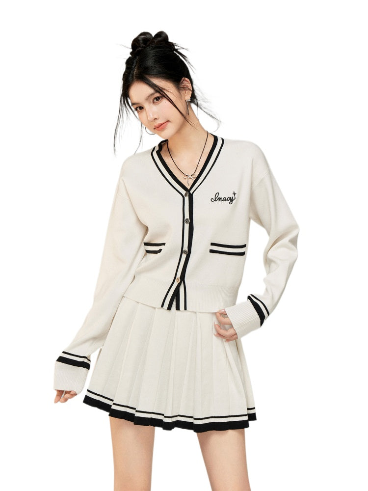 Contrast Color Knit V-neck Cardigan Set - CHINASQUAD