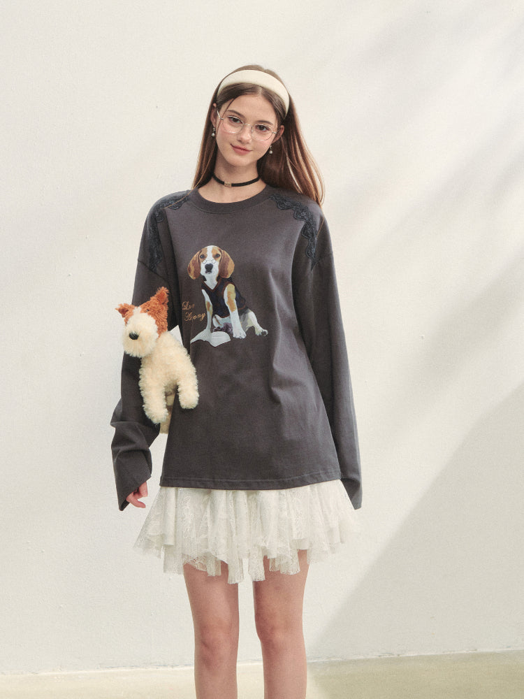 Lace Panel Dog Print Crew Neck Tee - CHINASQUAD
