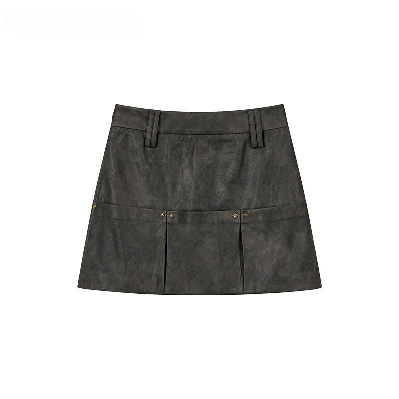 Dark Brown Studded PU Leather Skirt - CHINASQUAD