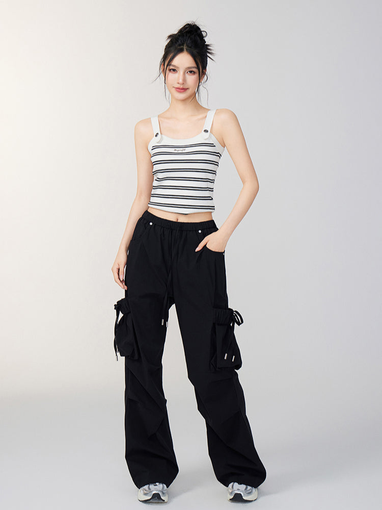 Bowknot Tie Waist Cargo Wide-Leg Pants - CHINASQUAD