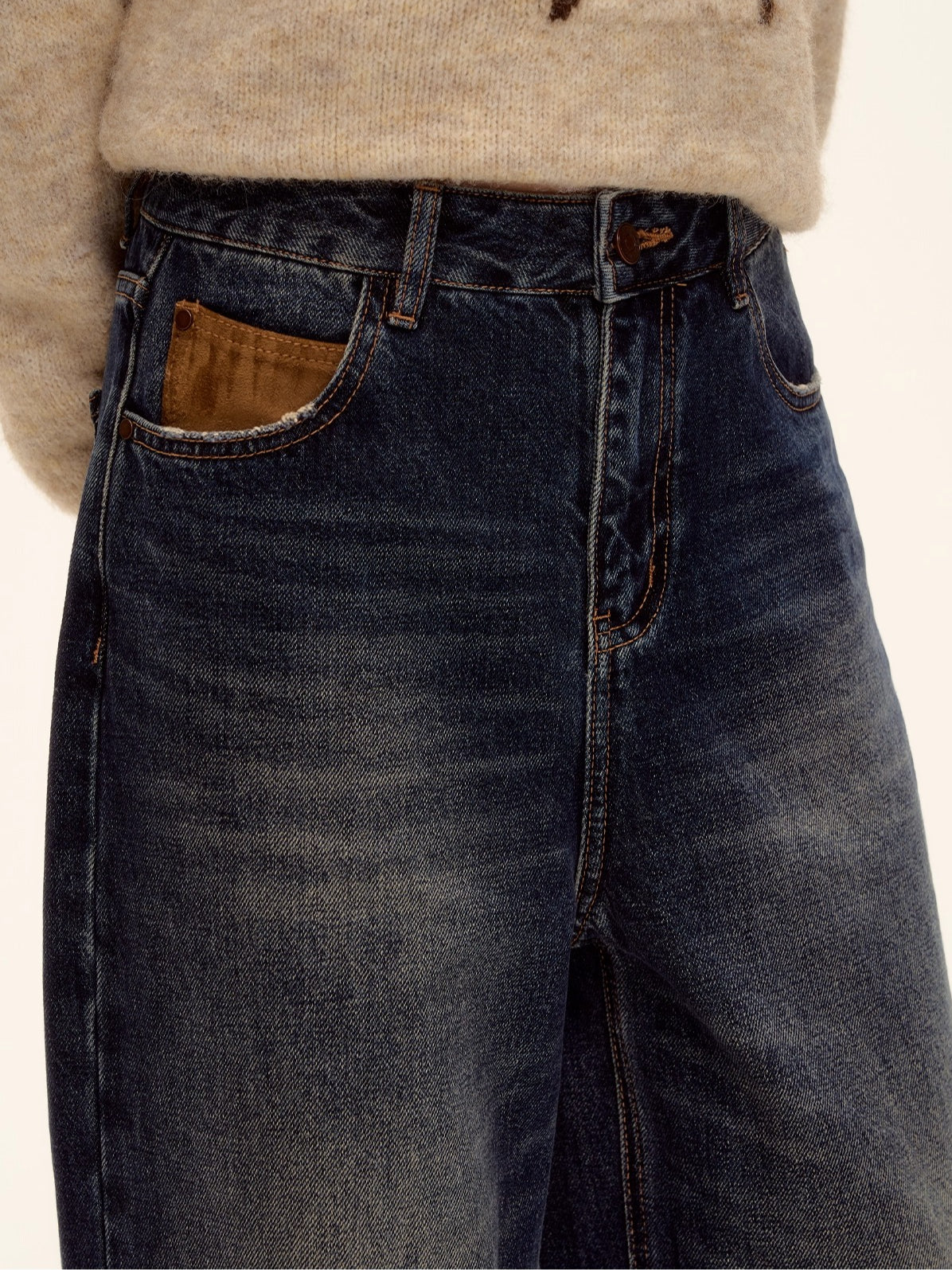 Suede-Panel Washed Denim Wide-Leg Jeans