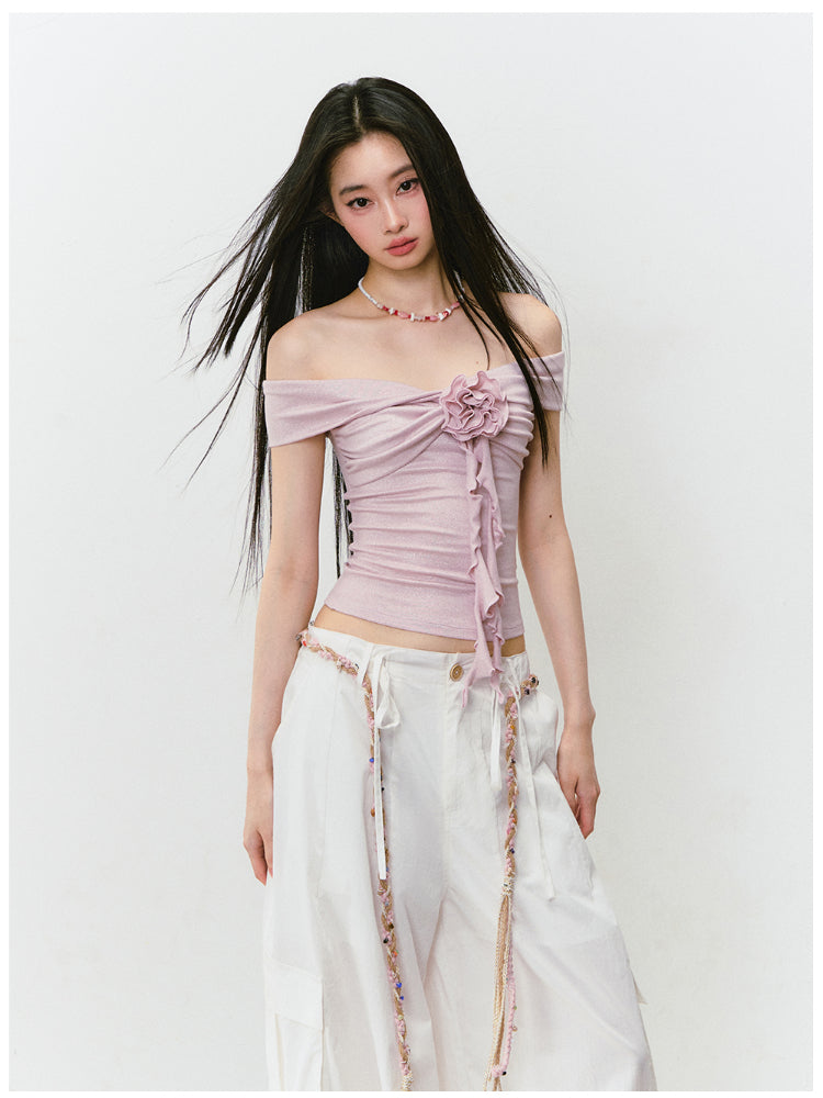 3D Rose One-shoulder Short-sleeve T-shirt