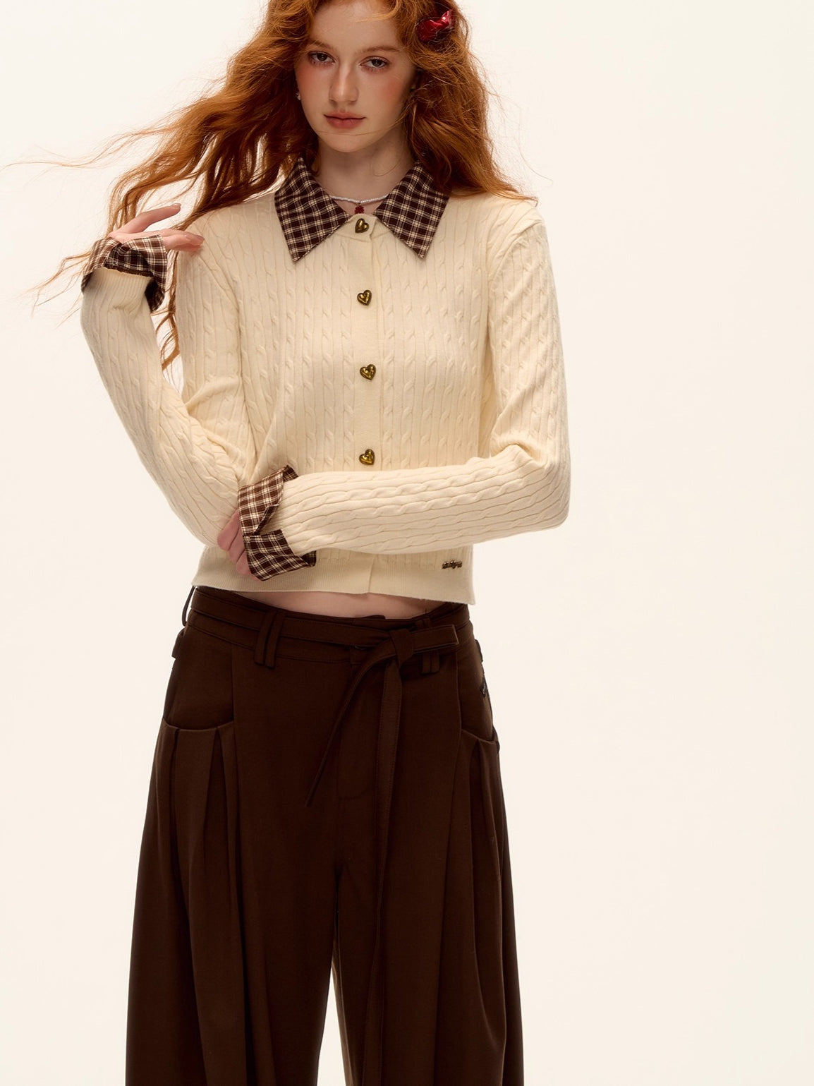 Wool Blend Plaid Patchwork Cable Knit Cardigan