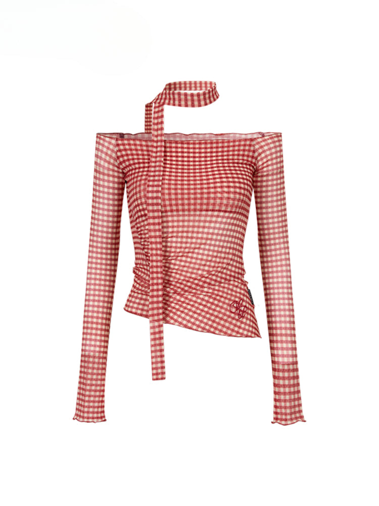 Plaid Mesh Ribbon Sunshade Long Sleeve T-shirt - CHINASQUAD