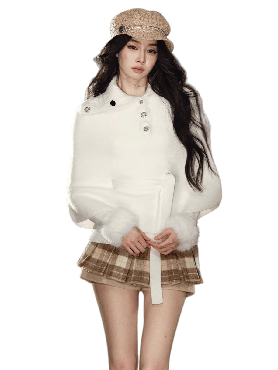 Faux Fur Base Top & Waist-Cinching Cape Knit Set