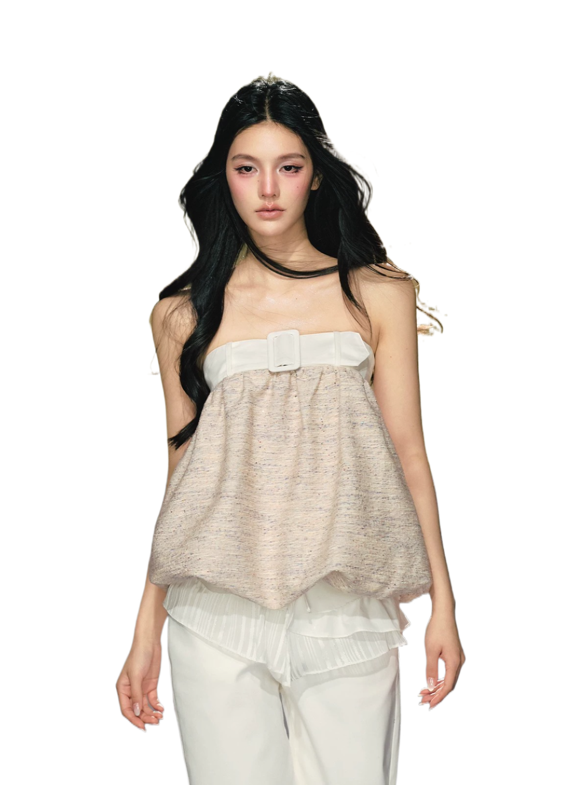 Textured Tweed Bubble-Hem Bandeau Top