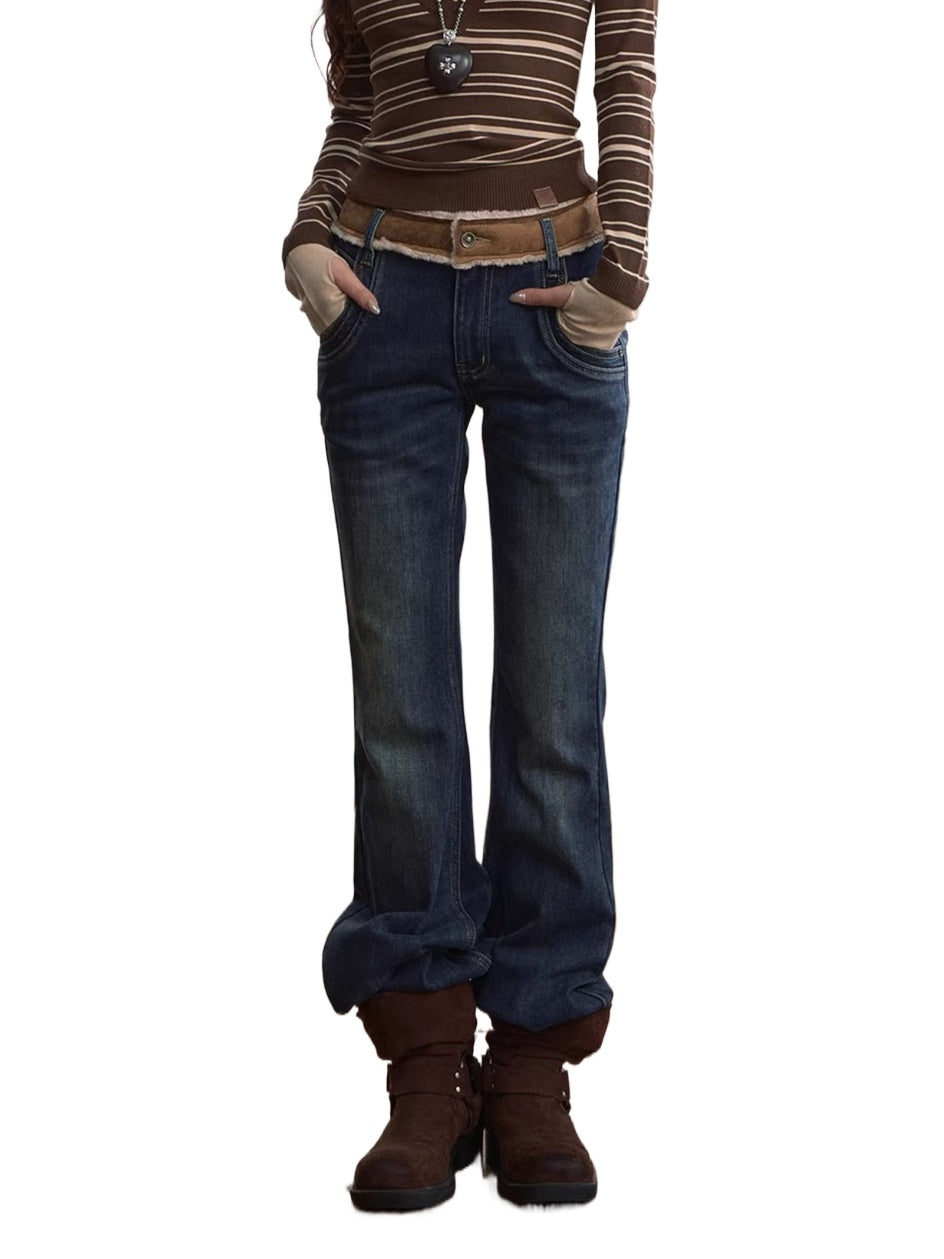 Contrast Panel Faux Fur Waist  Flare Jeans