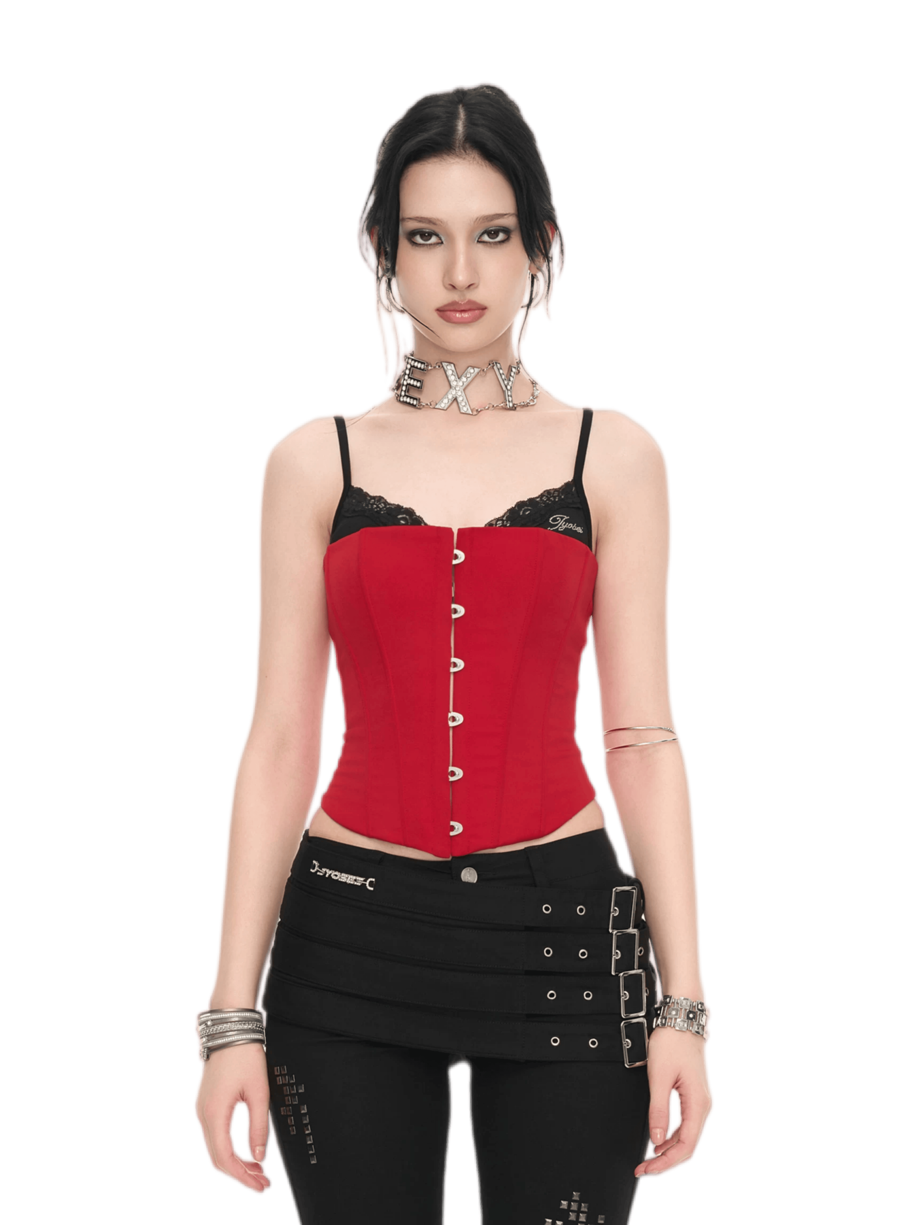 Crimson Lace Panel Hook Corset Camisole Top