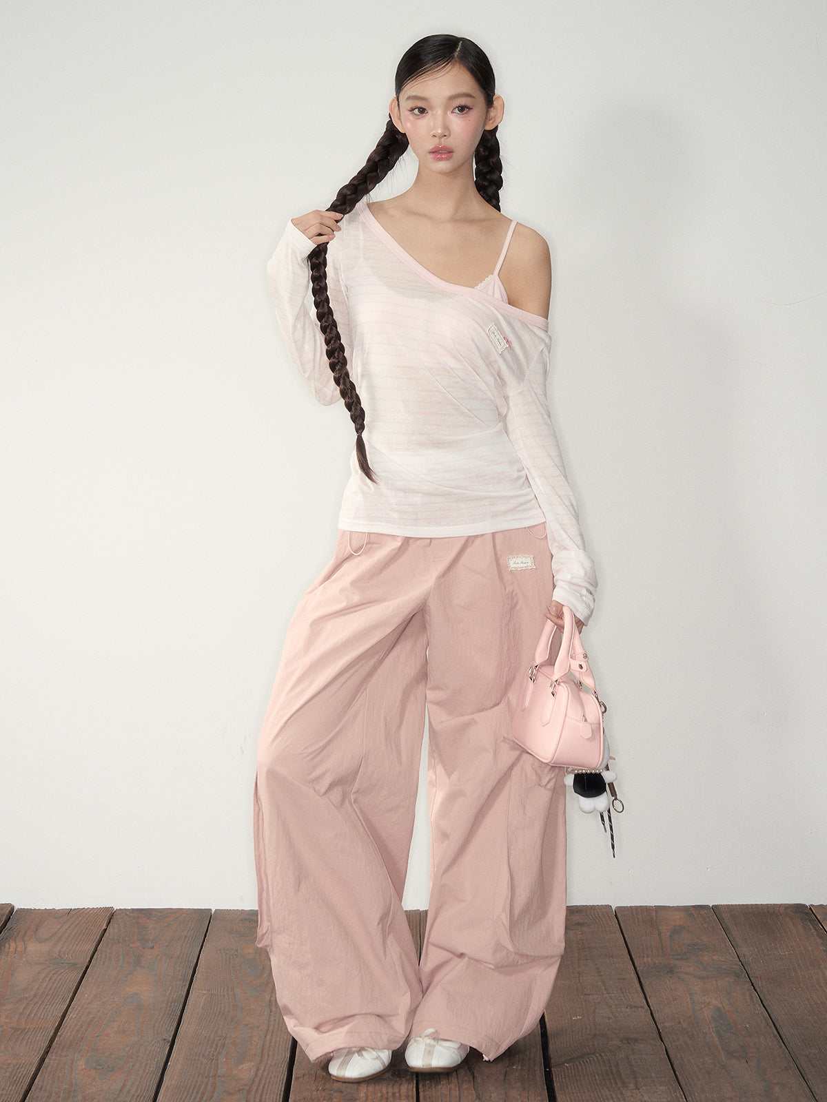 Pink & White Parachute Wide-Leg Pants - CHINASQUAD