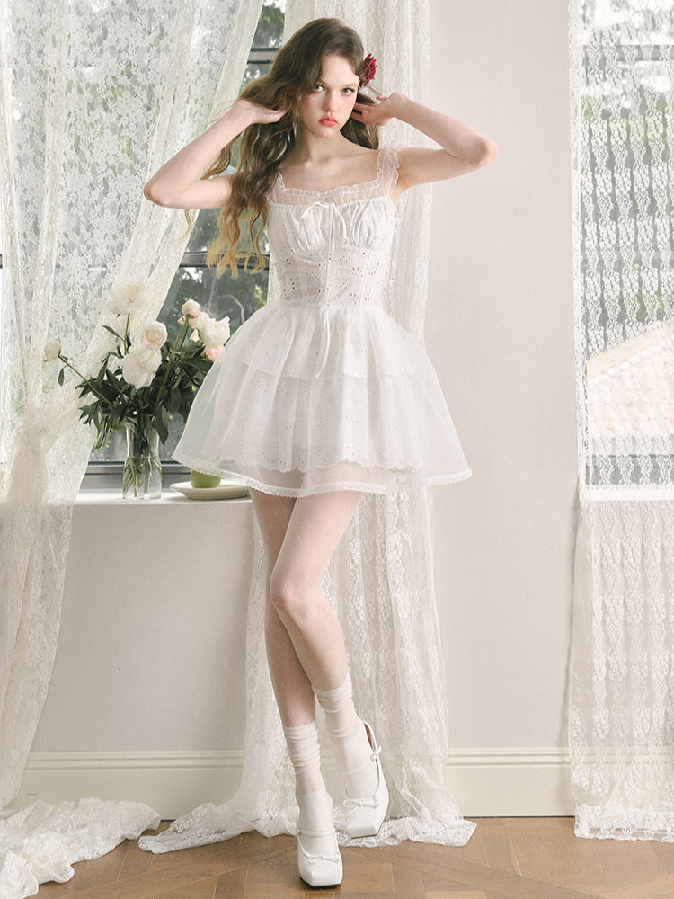 White Embroidered Puff Dress - CHINASQUAD