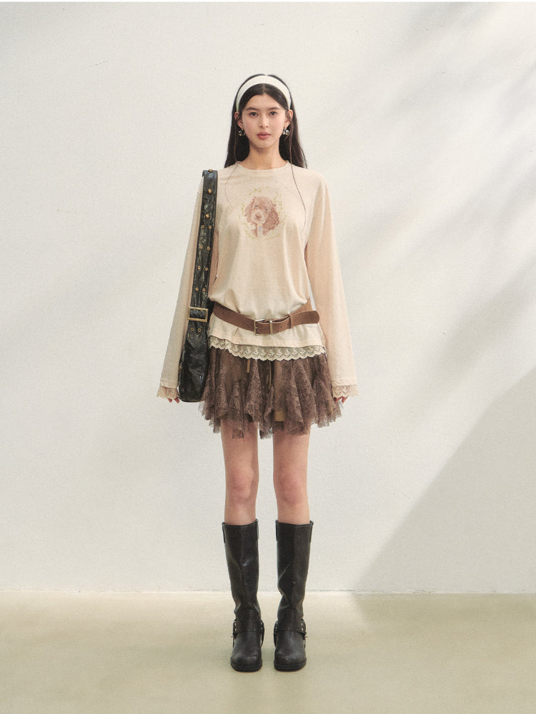 Lace Panel Animal Print Long-Sleeve Tee - CHINASQUAD