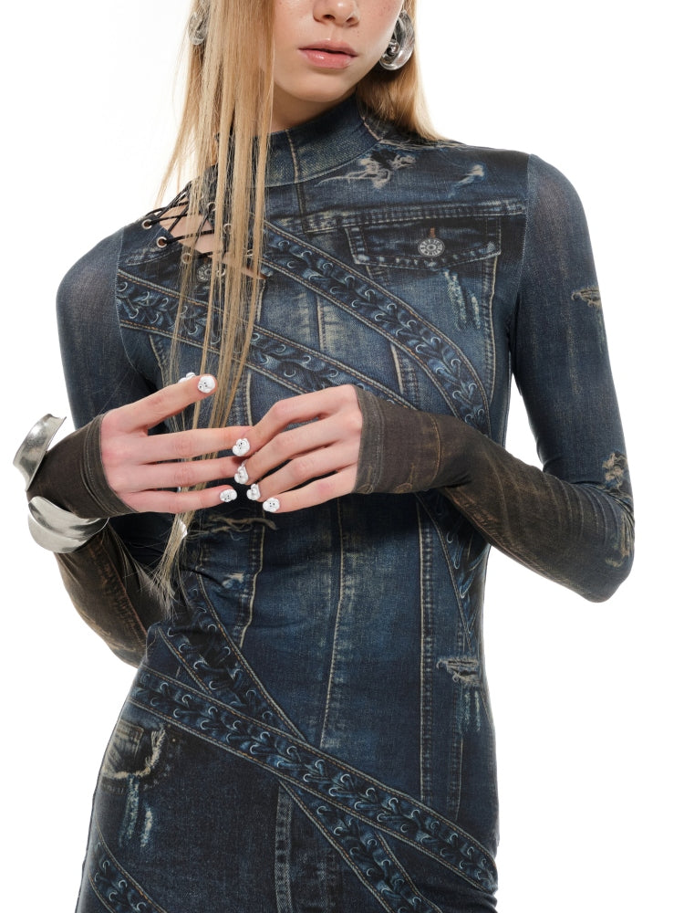 Denim Blue & Black Floral Print Long Dress - CHINASQUAD