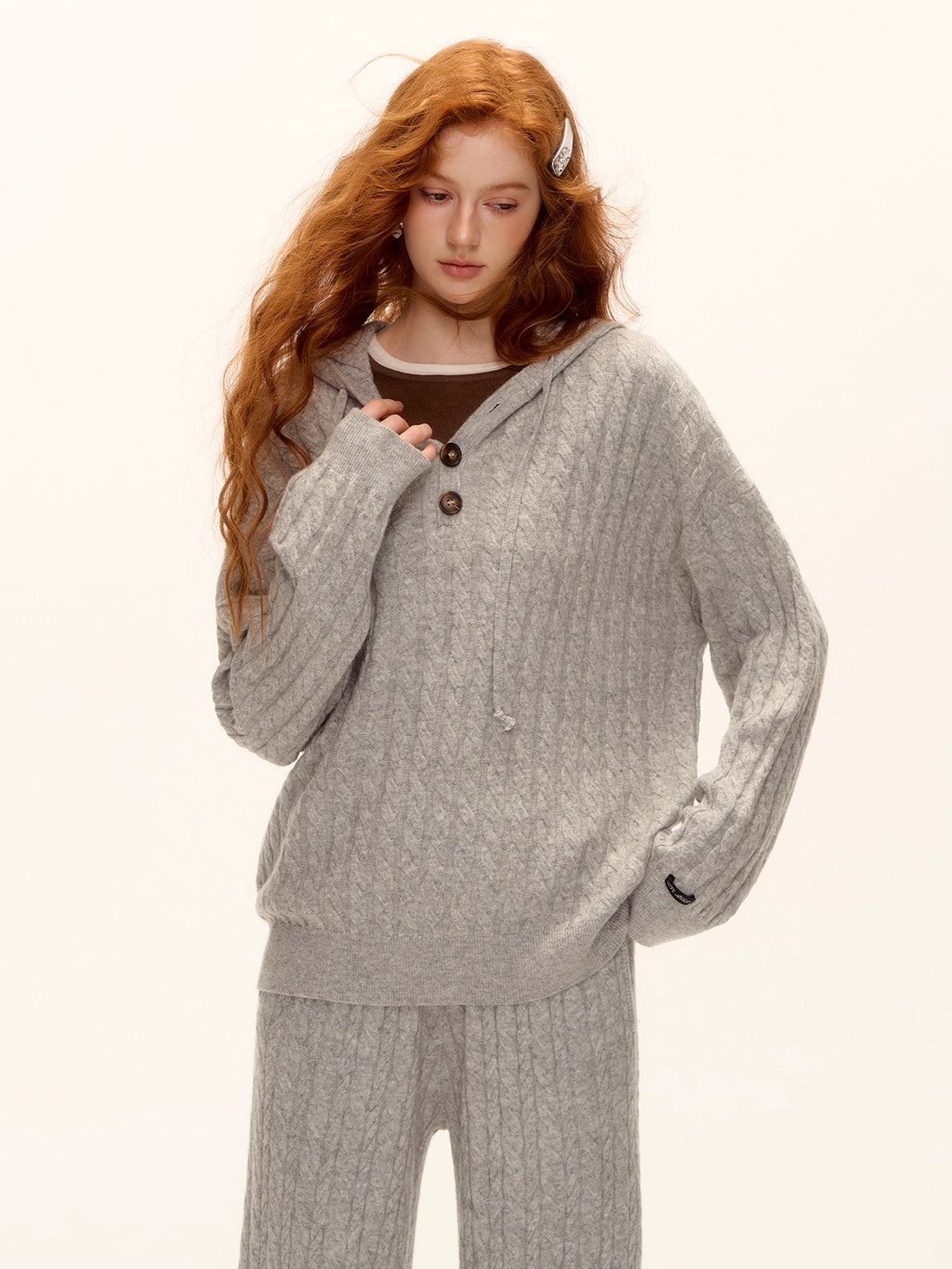 Wool Blend Cable Knit Hoodie & Wide-Leg Pants Set