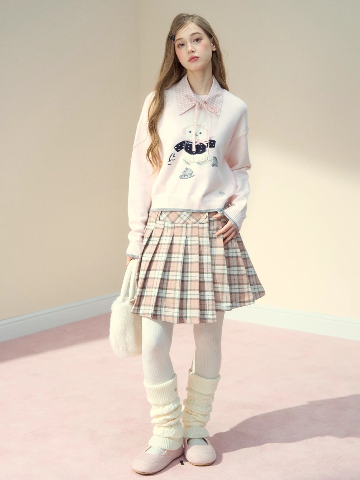 Blush Plaid Wool A-Line Pleated Skirt - CHINASQUAD