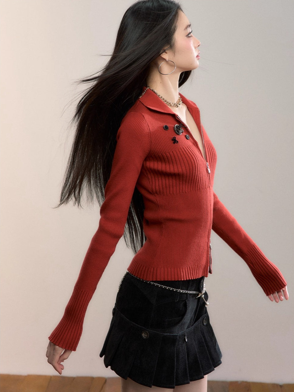 Button-Detail Zip-Up Knit Cardigan