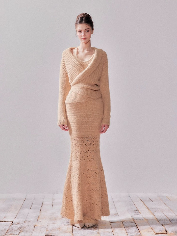 Amber Glow Knit Cardigan & Mermaid Dress Set