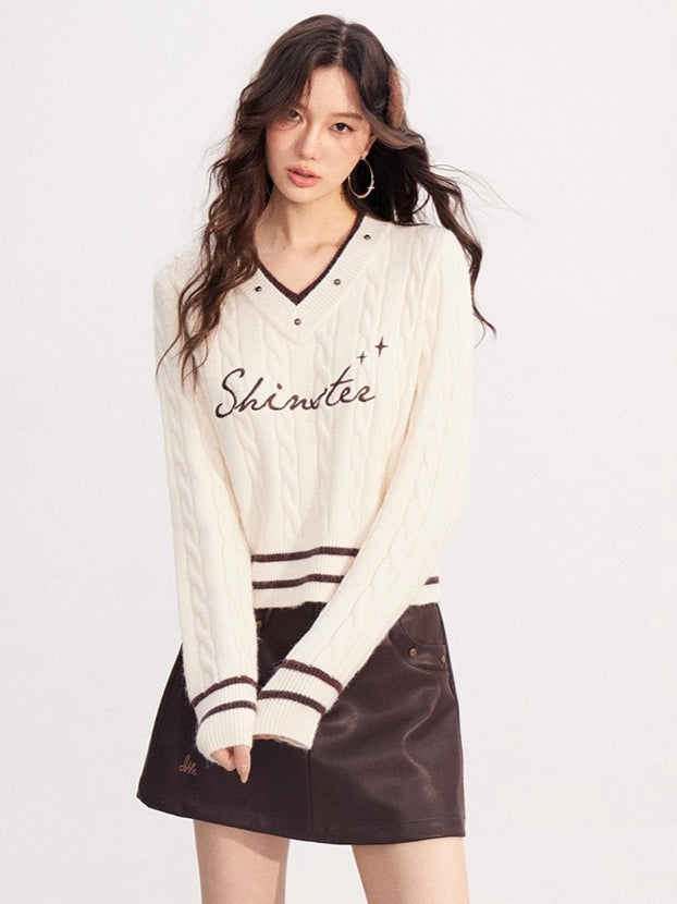 Layered-Effect Embroidered Knit V-Neck Sweater