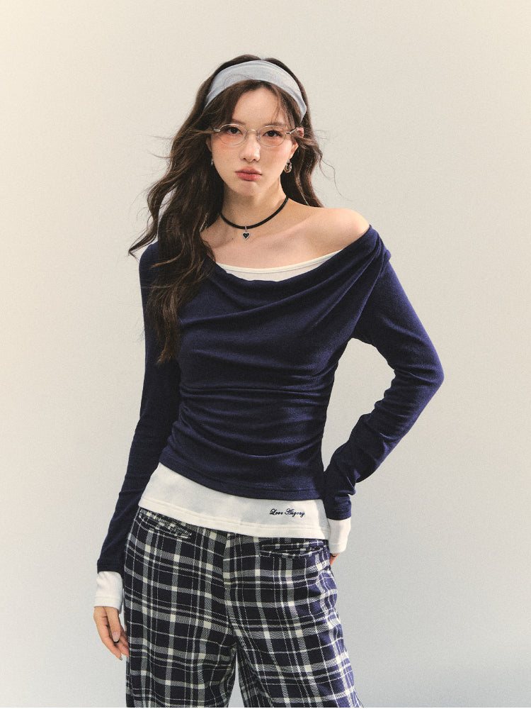 Dangle Collar Fake Two-Piece Color-Blocked Blouse - CHINASQUAD