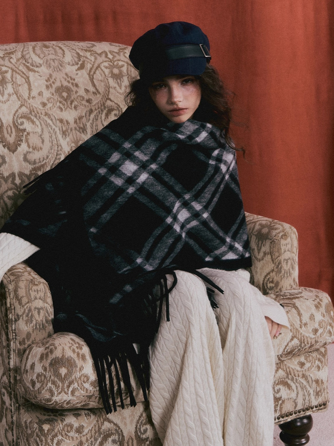 Vintage Plaid Tassel Cape Scarf