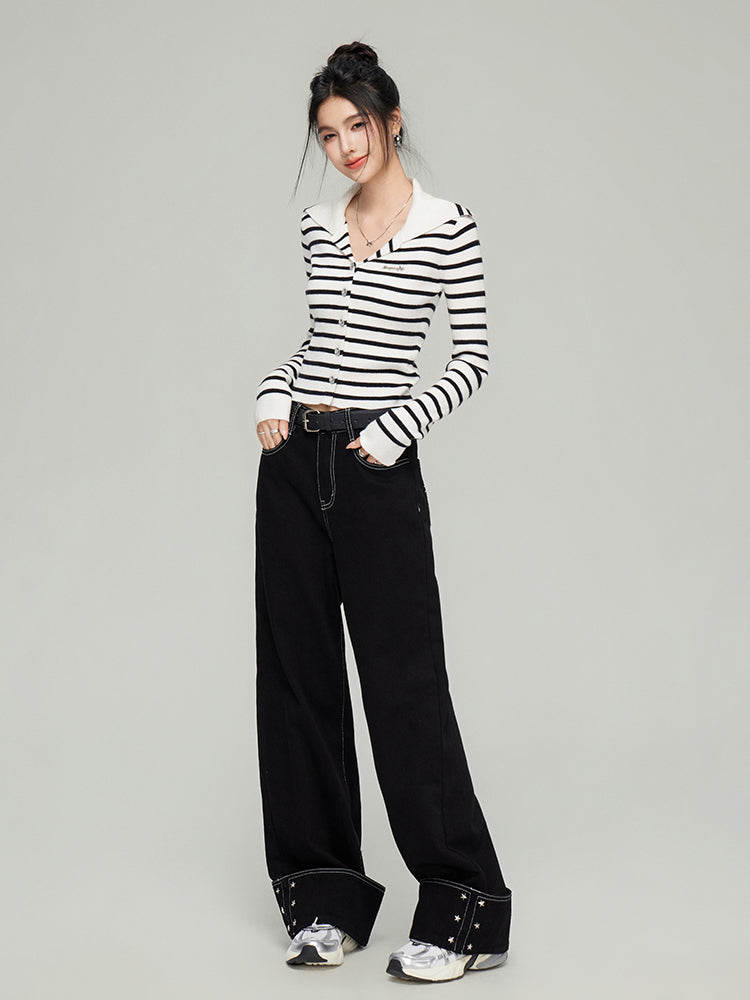 Navy Collar Ribbed Knit Cardigan  - CHINASQUAD