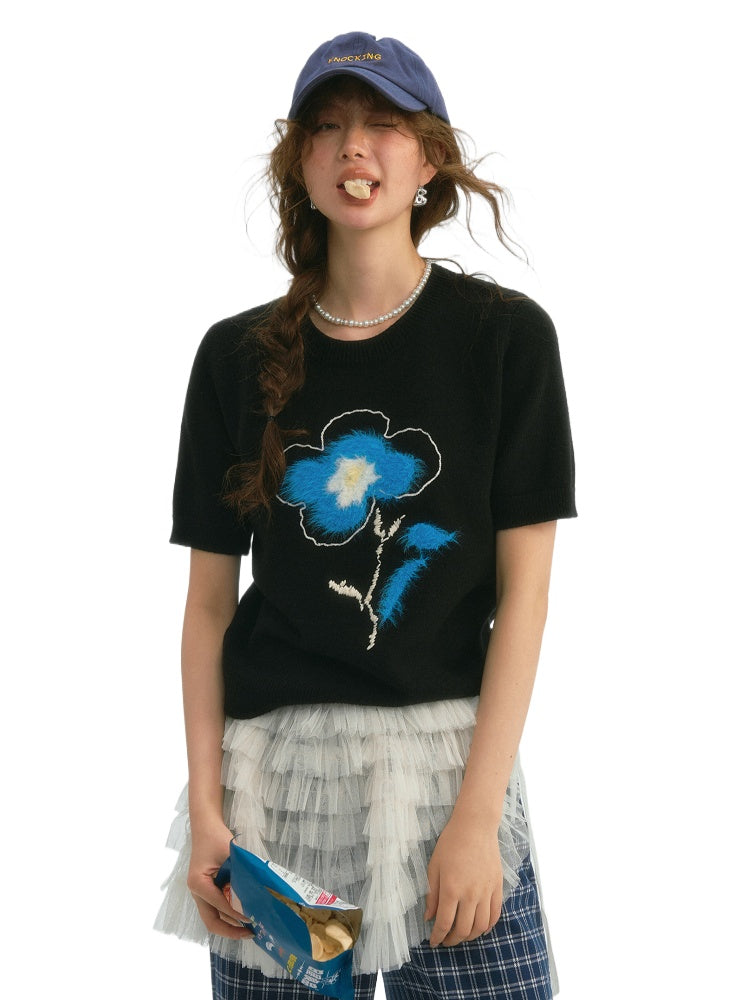 Embroidered Flower Knit Short Sleeve T-shirt - CHINASQUAD