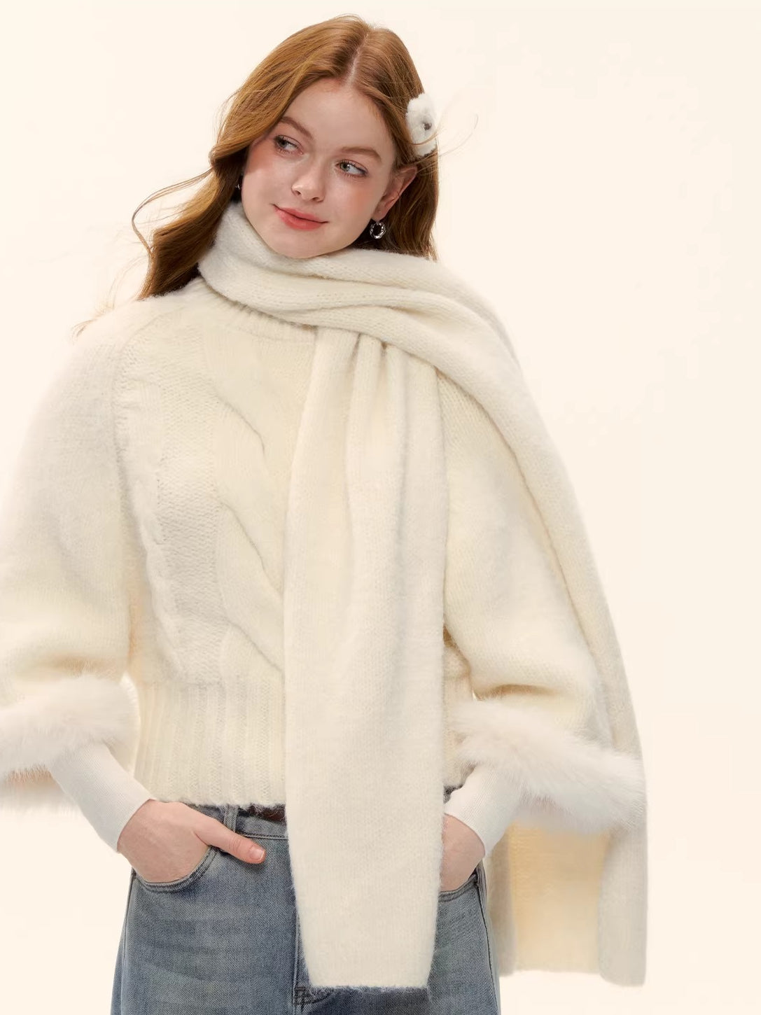 Wool-Blend Cable-Knit Batwing Scarf Sweater