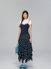 Irregular Navy Blue Checked Midi Skirt - CHINASQUAD
