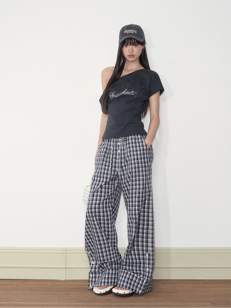 Flapped Loose Navy Checkered Pants - CHINASQUAD