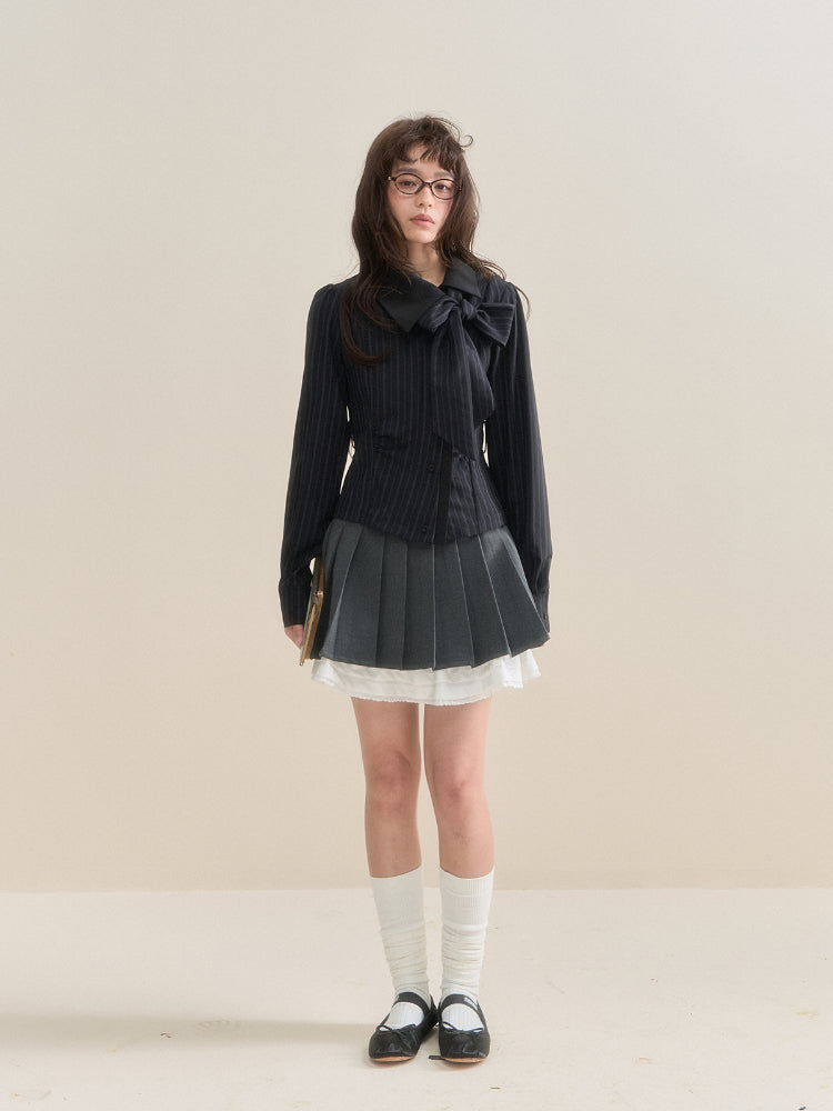 Off-Center Button Detachable Bow Shirt - CHINASQUAD