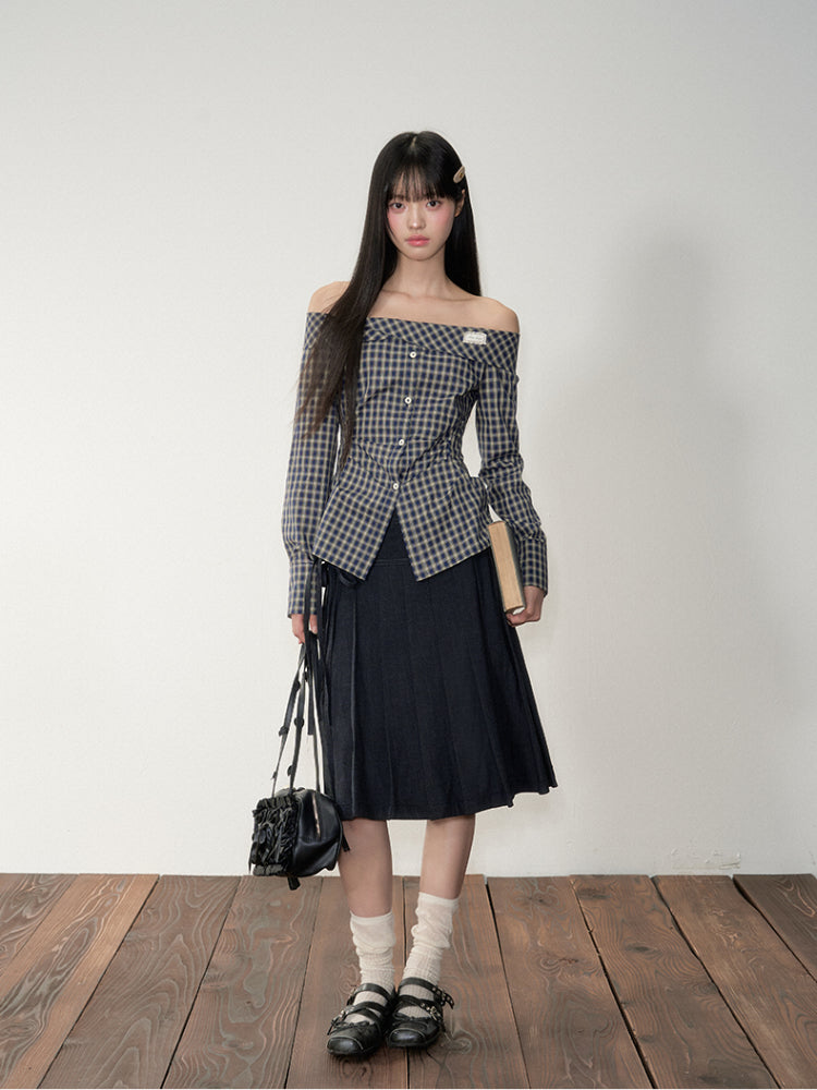 One-Shoulder Waist-Cinching Checked Shirt - CHINASQUAD